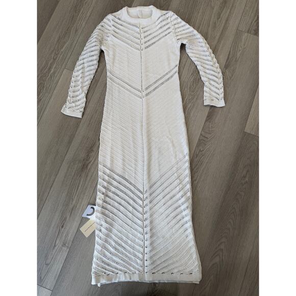 Commense Boho Coastal Knit Cream Stretch Split Hem Long Sleeve Dress Medium - Picture 4 of 6